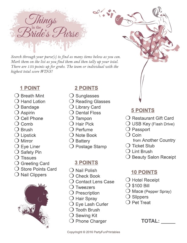 What's In Your Purse? Game Free Printable | Free bridal shower games, Bridal  shower printables, Printable bridal shower games